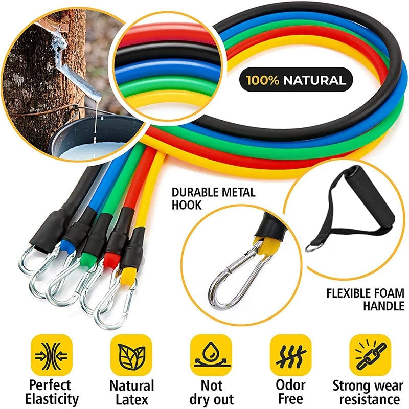 11 Pieces Yoga Resistance Bands Set Power Rubber Elastic Tube Expander Home Gym Fitness Workout Exerciser Strength Pull Up Ropes